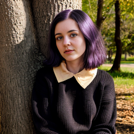 woman in her early twenties with white hair and violet eyes. wearing a cozy black sweater with a tan collar. she is sitting against a tree with only the bark visible behind her.
