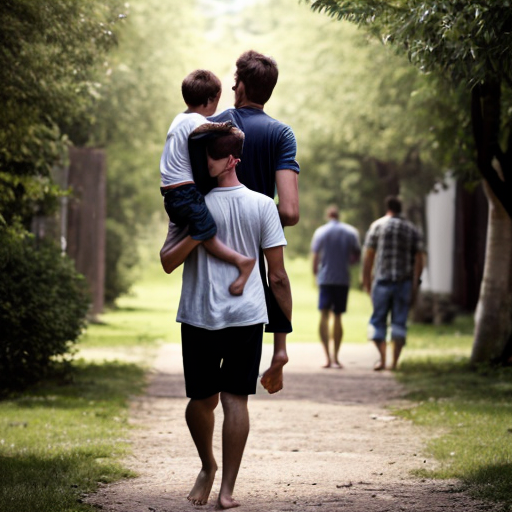 A barefoot young man carrying teenage boy while standing on tiptoes