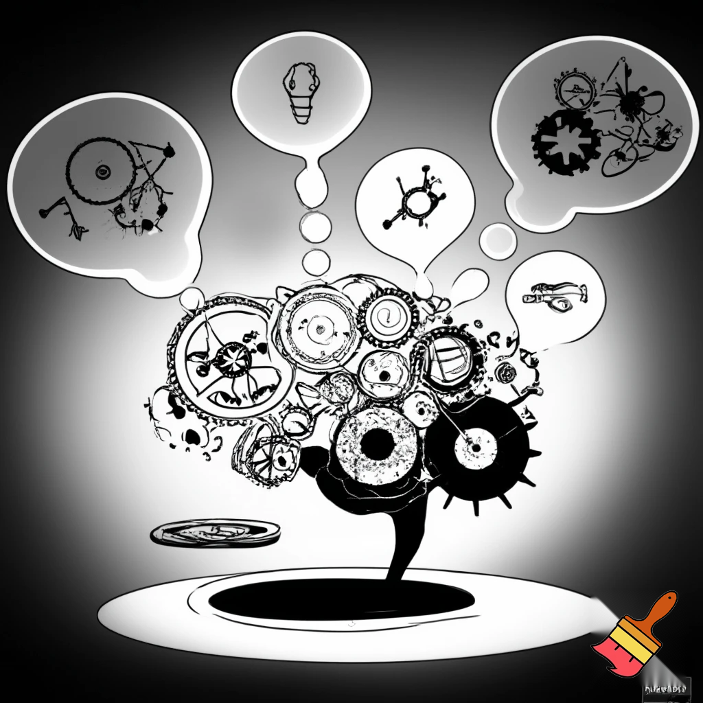 Brain running survival simulations

Cartoon brain with gears and multiple thought bubbles, running simulations, black and white, xkcd-style, abstract illustration