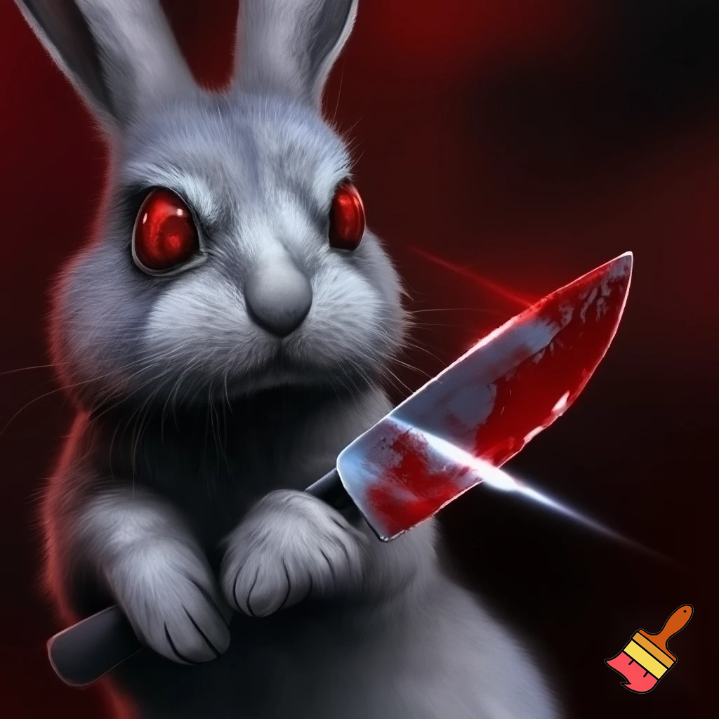european rabbit, red eyes, bloody knife
