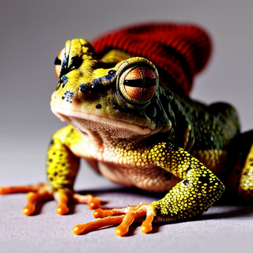A laughable, puzzled animal toad in woolen, multicoloured winter clothings and with woolen winter cap. Hyperrealistic style.