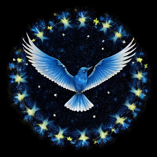 a magical spirit blue bird phoenix glowing and slightly transparent like smoke with a black starry night sky  