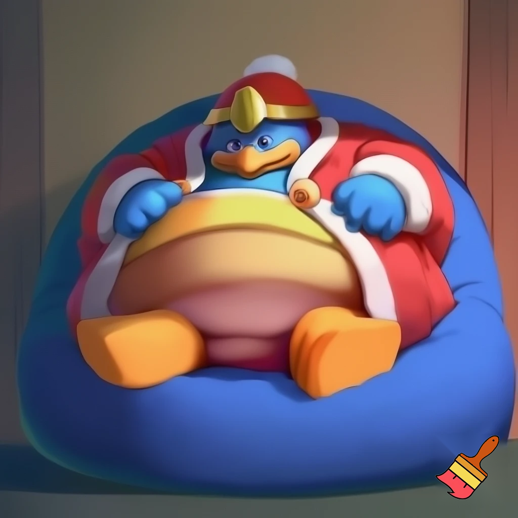 King dedede with both hands on bloated belly sitting on a bean bag Looking down  at his belly with a sad face