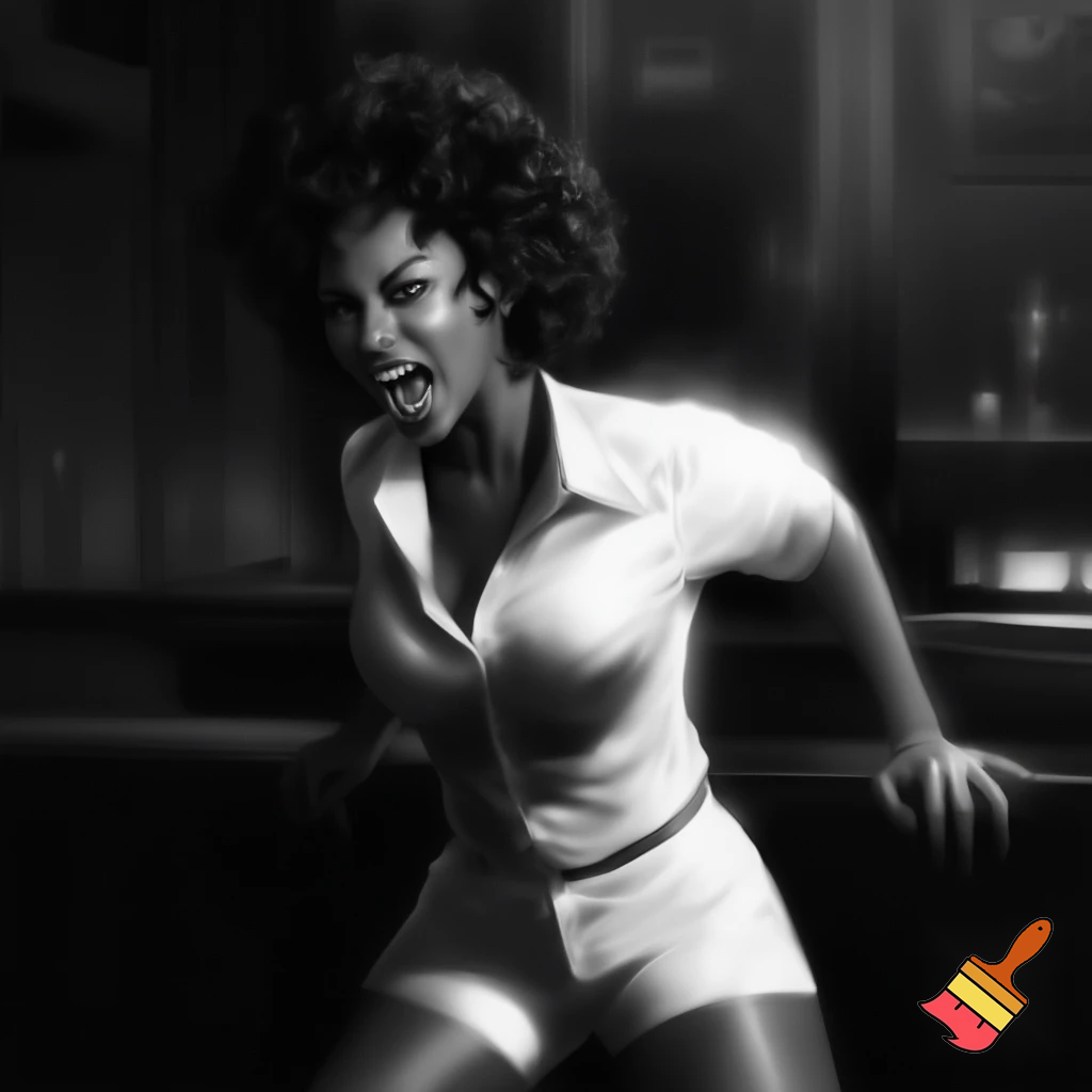 Beyonce with black short curly hair wearing a white shirt with shorts in a black setting moving screaming in a black & white bar ,she should be angry expression & furious 