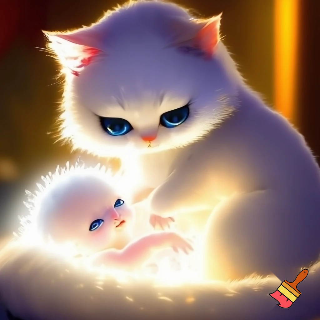 White catgirl holding glowing hybrid baby, white fur sparkling, golden sunlight on face, soft white glow around them, big blue eyes, tail wrapped gently, bright warm portrait, 8k, --ar 1:1 --style raw