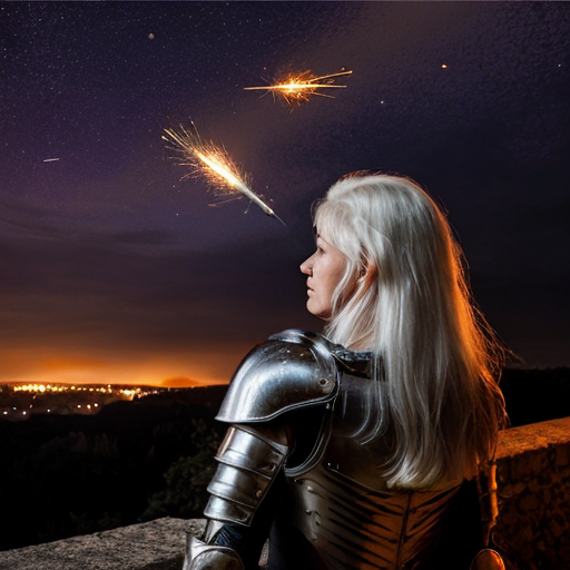 young tall white-haired woman in armor watches as meteors fall on the castle