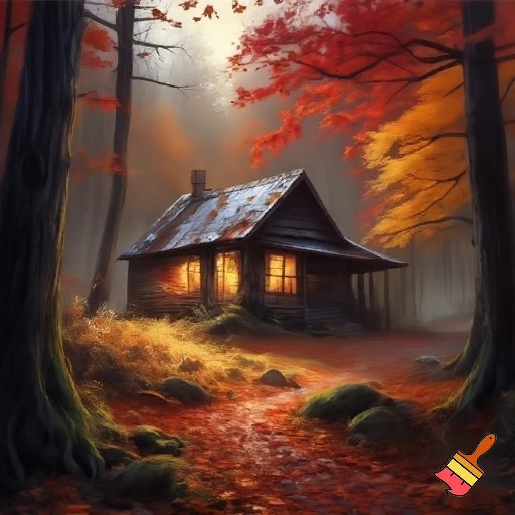Ein haus wo in einem wald steht und es ist herbst