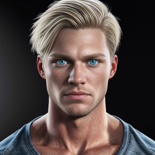 create an imatge of a guy that is strong, blue eyes, blond and no beard