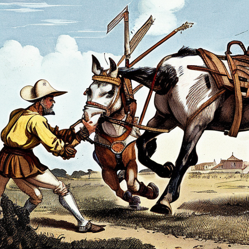 Illustration of a scene from Don Quixote, Scene 7.
A muleteer (arriero) punching Don Quixote.
Don Quixote falling to the ground, armor damaged.
Sancho Panza nearby, shocked and worried.
Old Spanish inn in the background.
Action scene but educational, not violent.
Classic book illustration style, 17th century Spain.
Soft colors, hand-drawn, clear composition.



