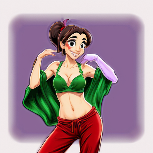 90's disney's 2d aladdin style comic dark black background and panels of 
panel 1 purple haired Ponytail shantae with red harem pants and red bra and red curved slippers with both hand palms place together and hiding the bottom of her mouth with a red veil wrapped around her arms and shoulders. 
panel 2 she danced with red harem pants with red bra and red curved slippers and red veil wrapped around her arms and shoulders and raising legs and bounced up and down her belly and shook her hips left and right. 
panel 3 as Shantae with red harem pants and red bra and curved red slippers spreading her arms, happily revealing her face to the viewer and giving a smile as she turns around shook her butt left and right. Panel 4 as purple haired Ponytail shantae with red harem pants and red bra and red curved slippers started to fading away , except her belly, which is bouncing around. 
Panel 5 then the ball transforms into the fading in belly of green haired Ponytail shantae with light green skin and green harem pants and green bra and green curved slippers and green veil wrapped around her arms and shoulders with her swaying her hips. 
Panel 6 green haired Ponytail shantae with light green skin and purple harem pants and green bra and green curved slippers and green veil wrapped around her arms and shoulders and with her hand palms place together between her chest and she gives a smile and winking her left eye.  