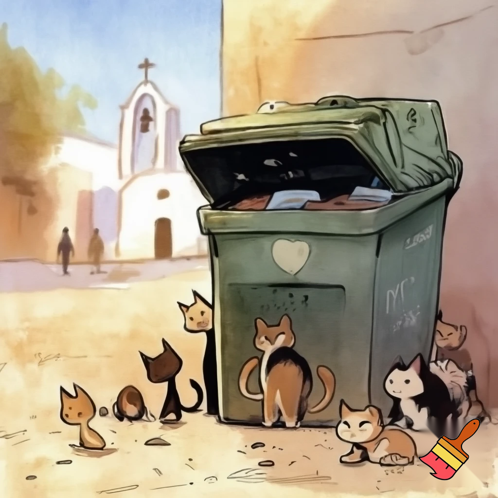 Cartoon-style scene in a small Greek neighborhood. A large green outdoor garbage container stands with its lid open. Inside the container, tossed away, are a couple of pet food bowls and a small water bowl. Around the container are several stray cats and kittens looking sad and thirsty, some sitting, some searching the ground. One or two kittens peek curiously into the container. In the background, a simple white Greek church with a cross on top, and a few distant people walking toward it, not facing the viewer. Early-day Mediterranean light, warm tones, gentle but emotional atmosphere. Style: soft cartoon, watercolor-like textures, subtle outlines, slightly heart-tugging mood. Cats bit skinny