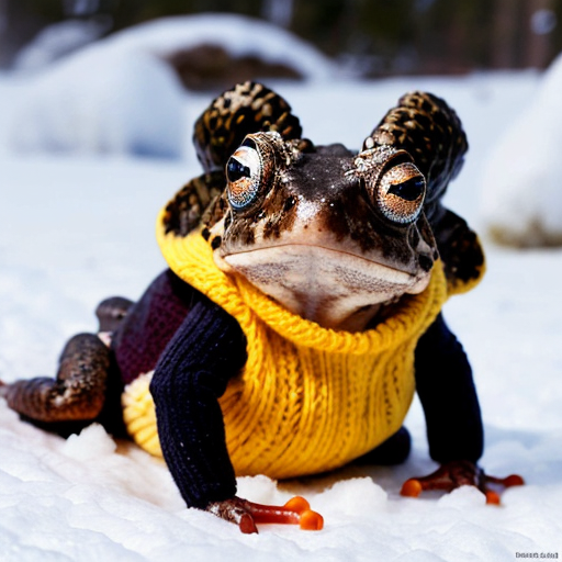A laughable, puzzled animal toad in woolen, multicoloured winter clothings with woolen winter cap. Hyperrealistic art style.