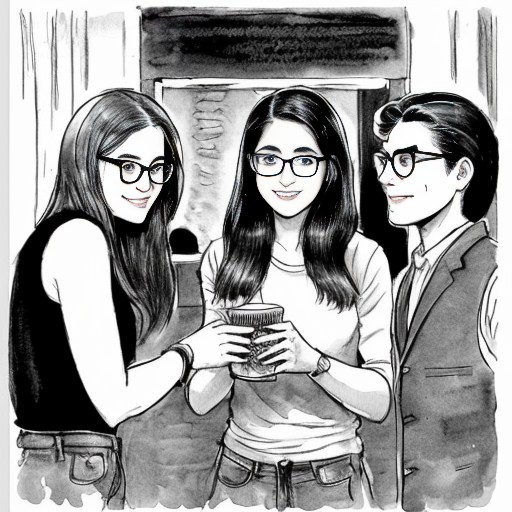 black and white manga style illustration, Indian Christian girl meeting 4–5 guy friends of her best friend for the first time, emotional and cute atmosphere, modern city setting, heroine looking at a tall boy with short straight hair and rectangle glasses, shy smile, expressive eyes, detailed ink line art, Japanese manga style, cinematic composition, manga panel layout, no color