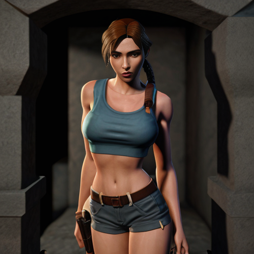 "Low-poly style Lara Croft from Tomb Raider 1 (1996), perfectly recreated triangular breasts with visible polygonal edges and sharp angles, classic blue top and brown shorts, retro 1996 3D character aesthetic mixed with detailed rendering, ponytail, ancient tomb background, cinematic