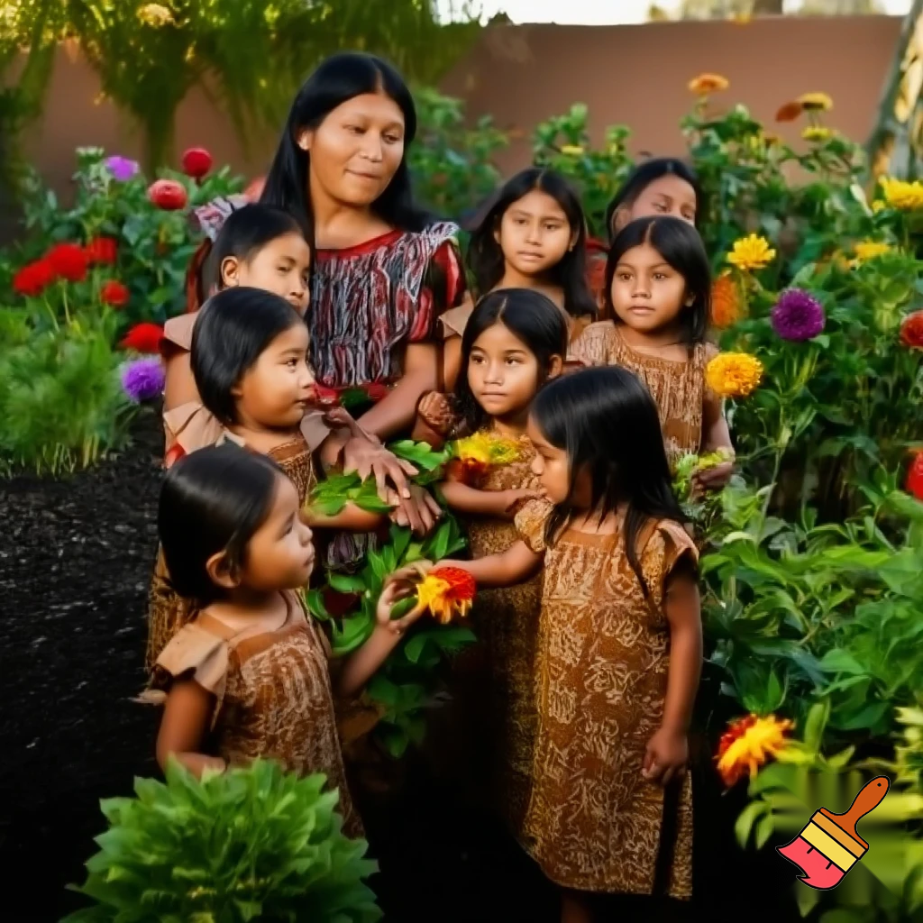 Anient Aztec mother and nine daughter picking flowers from a garden