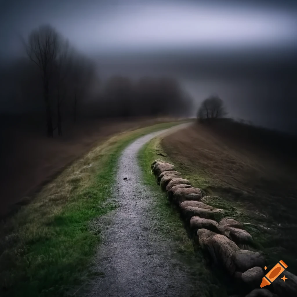 gloomy dark landscape of distant fields slightly hilly terrain winding paths furrows soil sparse trees stones few houses illuminated stormy sky