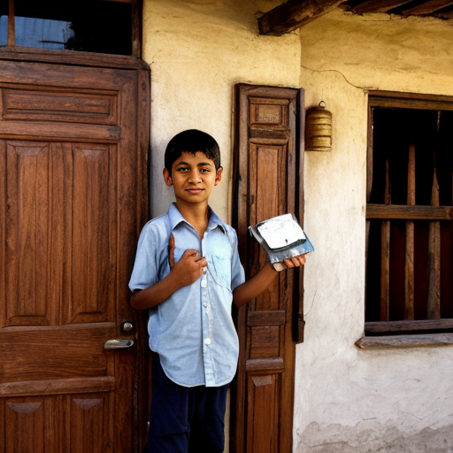“honest boy knocking on rich man’s house door, holding wallet, simple village background”