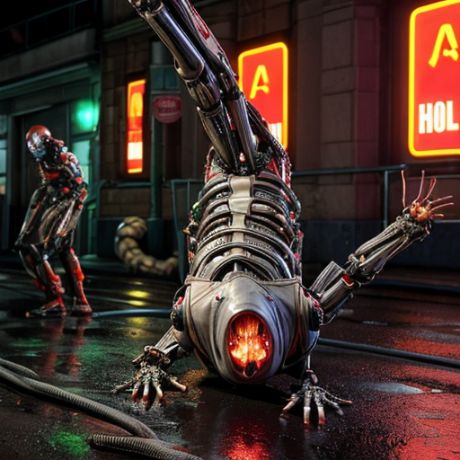 a rain-slicked city street at night, neon signs flickering through the haze as twisted biomechanical abominations shamble between overturned cars and shattered storefronts. These grotesque humanoid hybrids fuse pulsating organic tissue with rusted plating, their exposed muscle fibers writhing around hydraulic pistons, dripping blackened oil and viscera onto the cracked asphalt. Hazmat-suited figures scramble in the background, their glowing containment units casting an eerie green light on a bisected robot corpse—its still-twitching upper half dragging itself forward using torn intestinal cords as grappling hooks. Half-melted faces stretch across metal skull frames, jaws unhinging vertically to release guttural steam hisses as they clutch eviscerated human torsos like gruesome shopping bags. A towering construct with six spinal columns fused into a centipede-like tail crushes a streetlight underfoot, its dozen mismatched eyes reflecting the distant explosion ripping through the quarantine zone's barricades