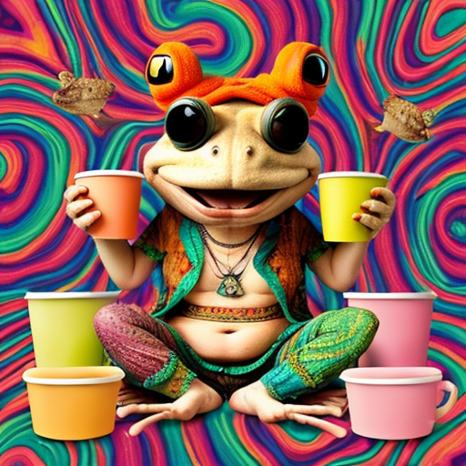 A hillarious, funny boho toad with some hippie colored coffee cups. Psychedelic decorated background.