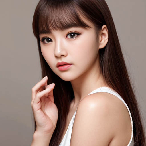 Young woman, heart-shaped face, small delicate chin, full cheeks, big round almond eyes with double eyelids, long thick eyelashes, light brown amber eyes, obvious aegyo sal, straight soft eyebrows, straight nose with small rounded tip, full plump lips with pink natural color, slightly pouty expression, fair porcelain skin, natural makeup, black long straight hair with airy bangs, innocent yet slightly lazy gaze, Korean beauty style, soft lighting, portrait photography
