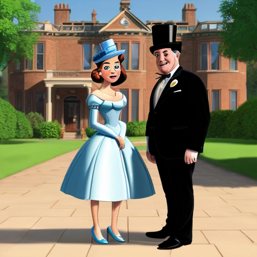 Cartoon Lottie from princess in the frog standing next to a man in a suit (the mayor)
	•	City building or mansion behind them
Details: top hat, cane, steps

