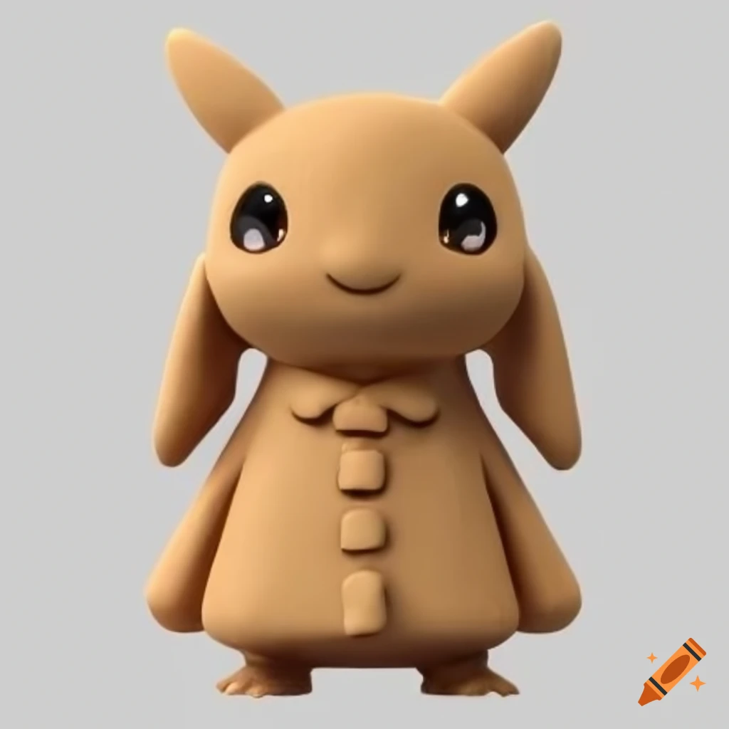 cute creature illustration, trenchcoat pokemon-like, ghibli style, 3d model clay figure, water color style, cutout png white background