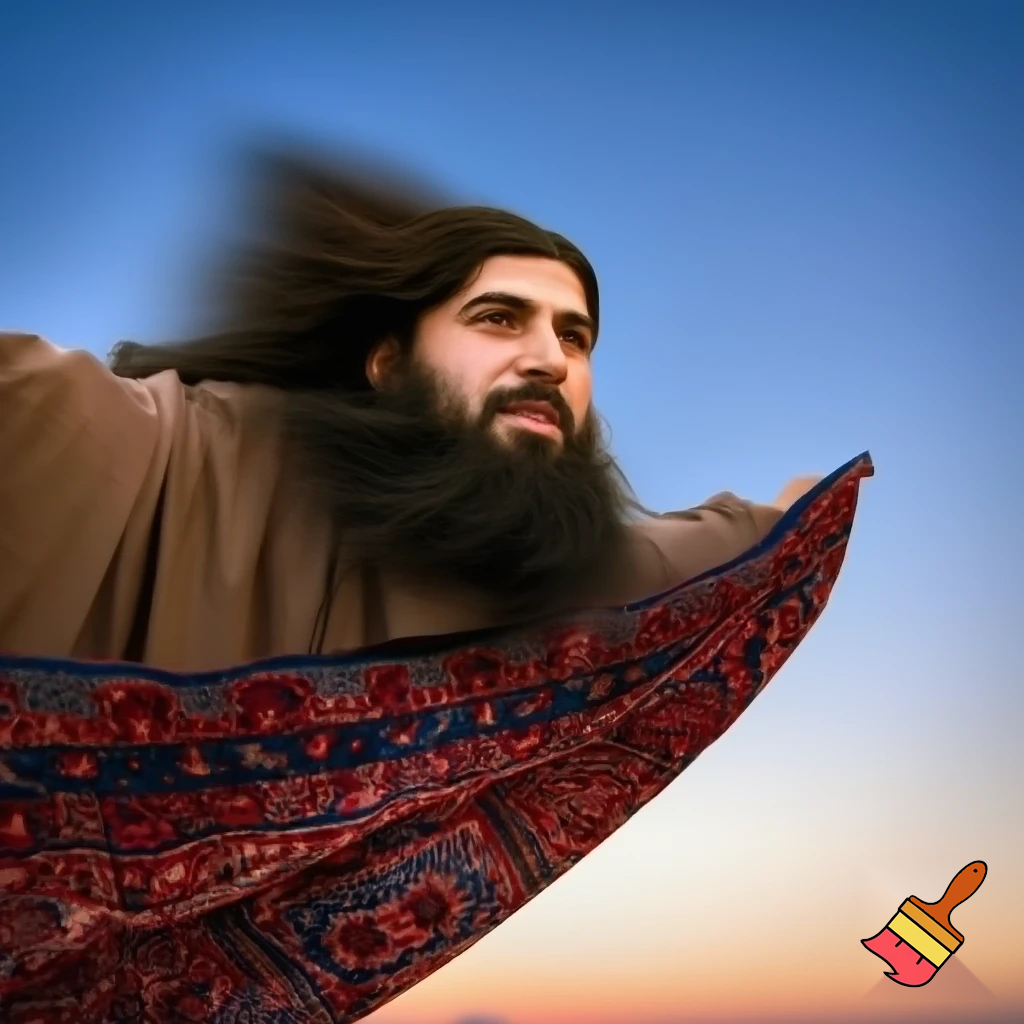 Guy with big beard flying on a carpet in the sky