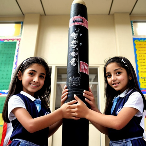 four iranian elementary school girls holding one  6 foot long missile 