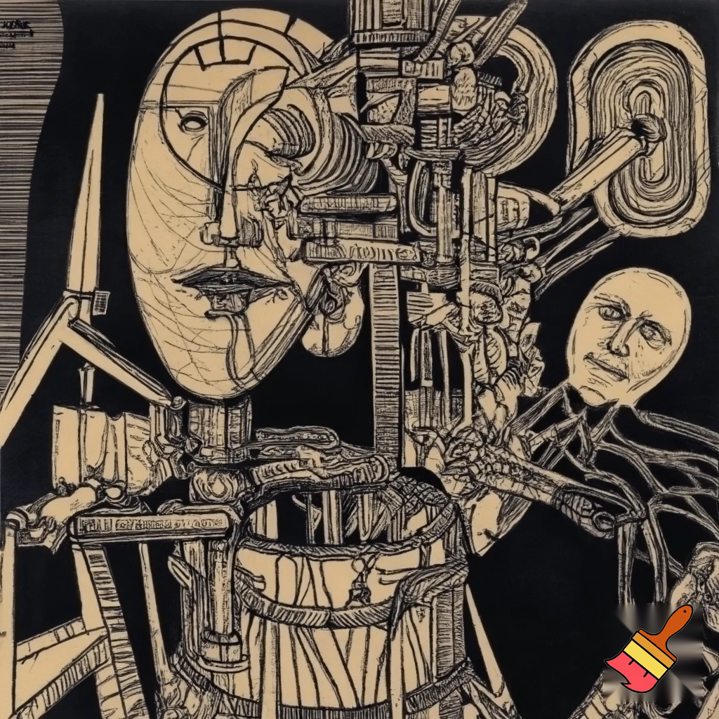 Bio-mechanical post-human noise art. In the style of a 1920's German Expressionist woodcut print. Black & white.