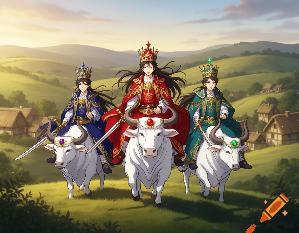three young man wearing crowns,swords and royal robes riding white oxen in village hills 3D anime cartoon 