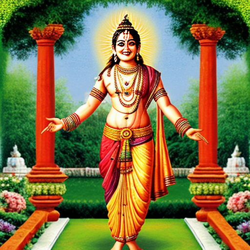 lord Krishna standing in garden with floot and sudharshana Chakra and smiling