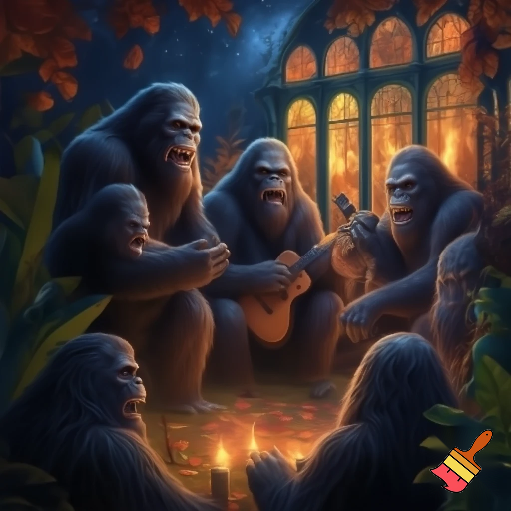 bunch of bigfoots jam session wintergarten autumn night candlelight reflection in the windows.