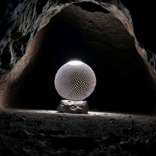 Eine dunkle Höhle und in der Höhle ist eine Kugel die leuchtet mit grünem Licht die Kugel ist rot und blau und glänzt und sie hat kleine sehr kleine schwarze und weiße Punkte 