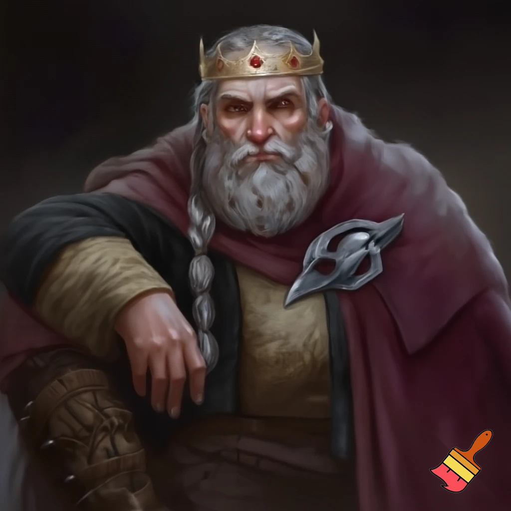 Сгенерируй изображение в стиле фентези, высокая детализация, атмосферно, мрачное освещение: немного пожилой мужчина со светлыми волосами и ухоженной бородой, заплетённой в небольшую косичку. Поверх рубахи с золотой обережной вышивкой на нём был длинный кафтан цвета хвойной чащи, отороченный тёмным мехом соболя. На правом плече массивная серебряная фибула в виде свирепого ворона держала тяжёлый бордовый плащ. На ногах его были высокие кожаные сапоги, украшенные затейливыми узорами. Голову незнакомца венчал золотой венец с инкрустированными в нём драгоценными камнями.