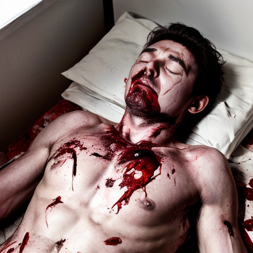 A corpse shirtless man, died, face are hiding by shirt, eye closed, chest opened wounded, blood everywhere