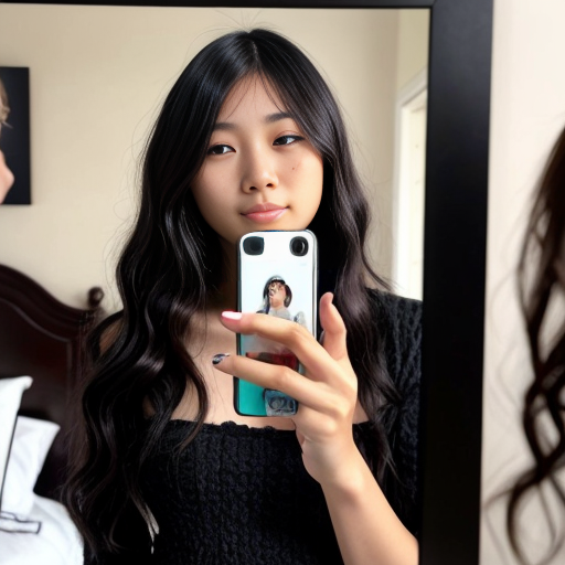  L'immagine mostra una ragazza asiatica  dai capelli scuri e ondulati che scatta un selfie allo specchio in quella che sembra essere una camera da letto. La persona è in piedi, con una mano sollevata tra i capelli e l'altra che tiene lo smartphone per catturare l'immagine.
Sullo sfondo si notano diversi elementi tipici di una stanza vissuta:
Un letto con lenzuola chiare e cuscini di vari colori.
Alcuni oggetti personali sparsi, tra cui capi di abbigliamento rossi e blu.
Una bottiglia d'acqua sul pavimento accanto alla struttura del letto
Nell'immagine si possono notare diversi elementi di abbigliamento e tessuti sparsi nella stanza:
Sullo sfondo, a sinistra, ci sono dei cuscini e delle lenzuola colorate sul letto.
A destra, appoggiati su una superficie, sono visibili dei capi di abbigliamento dai colori vivaci, in particolare un indumento di colore rosso acceso e uno blu.
In primo piano, la persona nell'immagine non indossa vestiti, ma sono presenti delle barre nere di censura sovrapposte alla foto