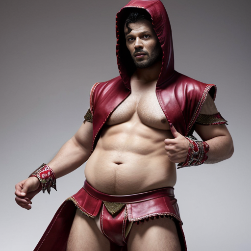 The clothing this body wore was different from that of the traditional gumental garb. He did not wear any long flowing robes. Instead, he wore a shirt and pants that were made of large dark red leather strips, which had been stitched together at a bent angle so that the strips pointed downward along the belly, the arms, and the legs. It had a hood crafted in the same fashion. fantasy