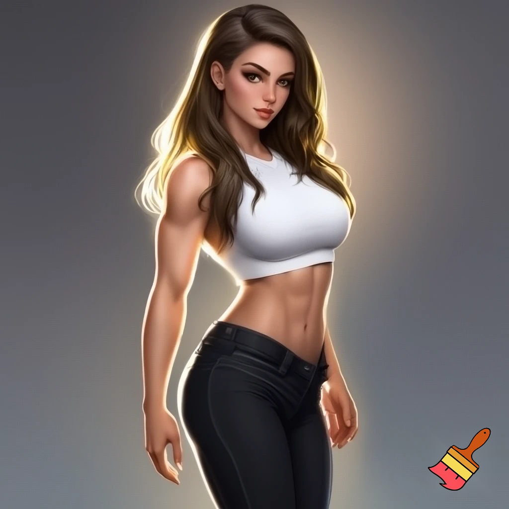 fullbody picture of a 22 year old women with darkblonde long hair, haselnut brown eyes. athletic body, small breasts. white croptop and black jeans