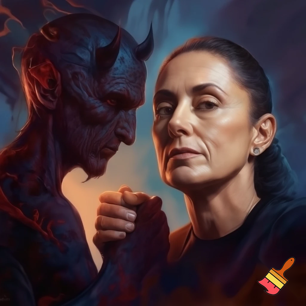 claudia sheinbaum holding hands with the devil and smiling, 