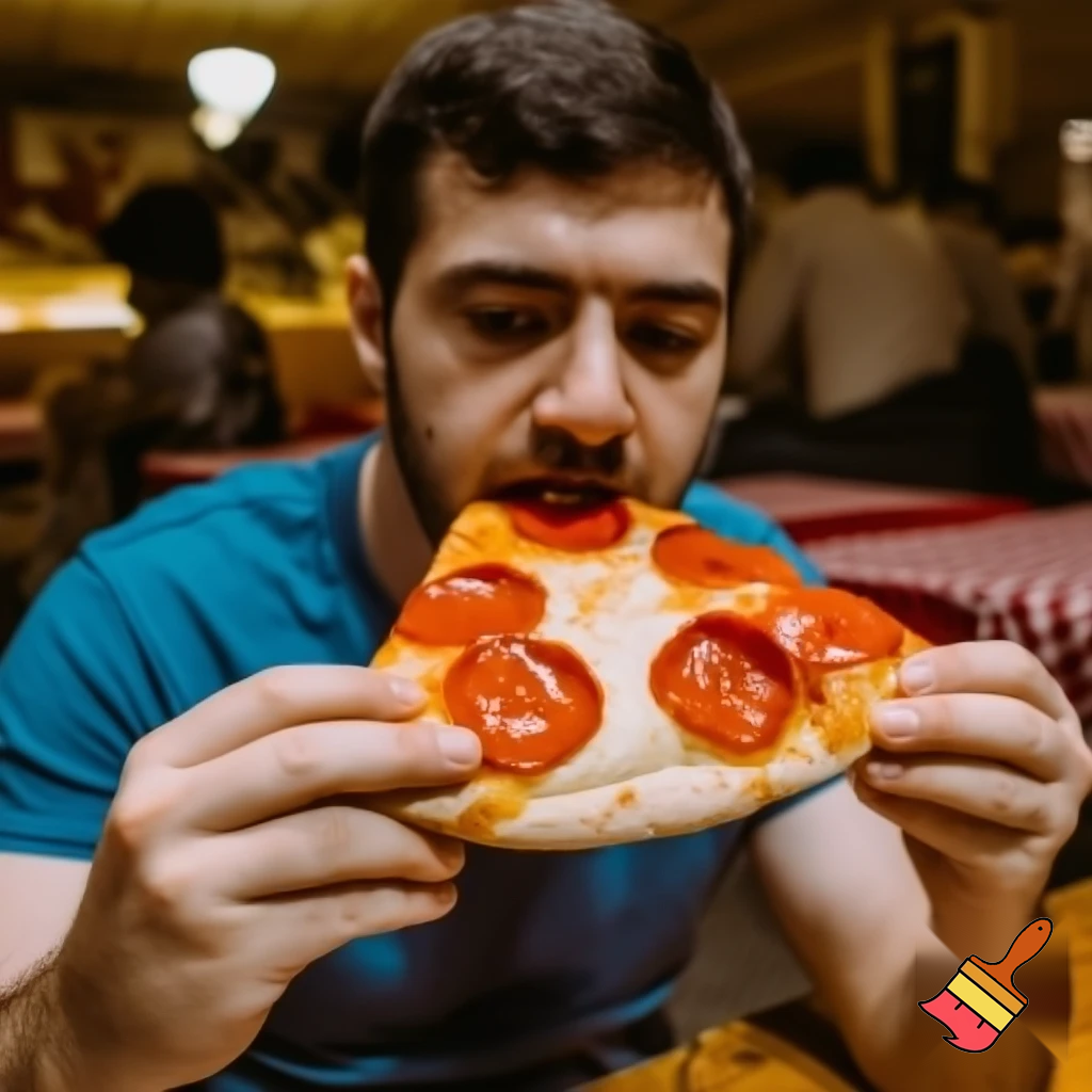 man eating pizza