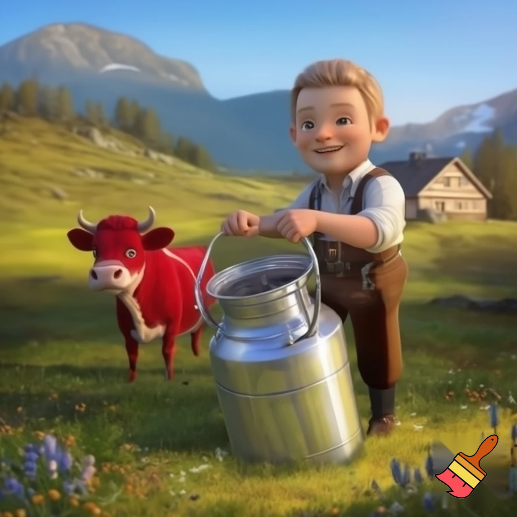 generer et bilde til en reklameplakat, produktet vi skal reklamere for er melkespann laget av vårt firma Nessemaskin. Slagordet vårt er "Litt melk om dagen gjør bra for magen, kjøp vårt melkespann så smiler både mor og mann". Vi vil også få fram at vårt firma er det eneste du kan stole på, spill på nasjonalromantikken og få fram at produktet vårt kan brukes til alt du kan tenke deg, det er bare fantasien som stopper deg. Spill på nasjonalromantikken, ha med kyr, fin norsk natur og en budeie som holder melkespannet
