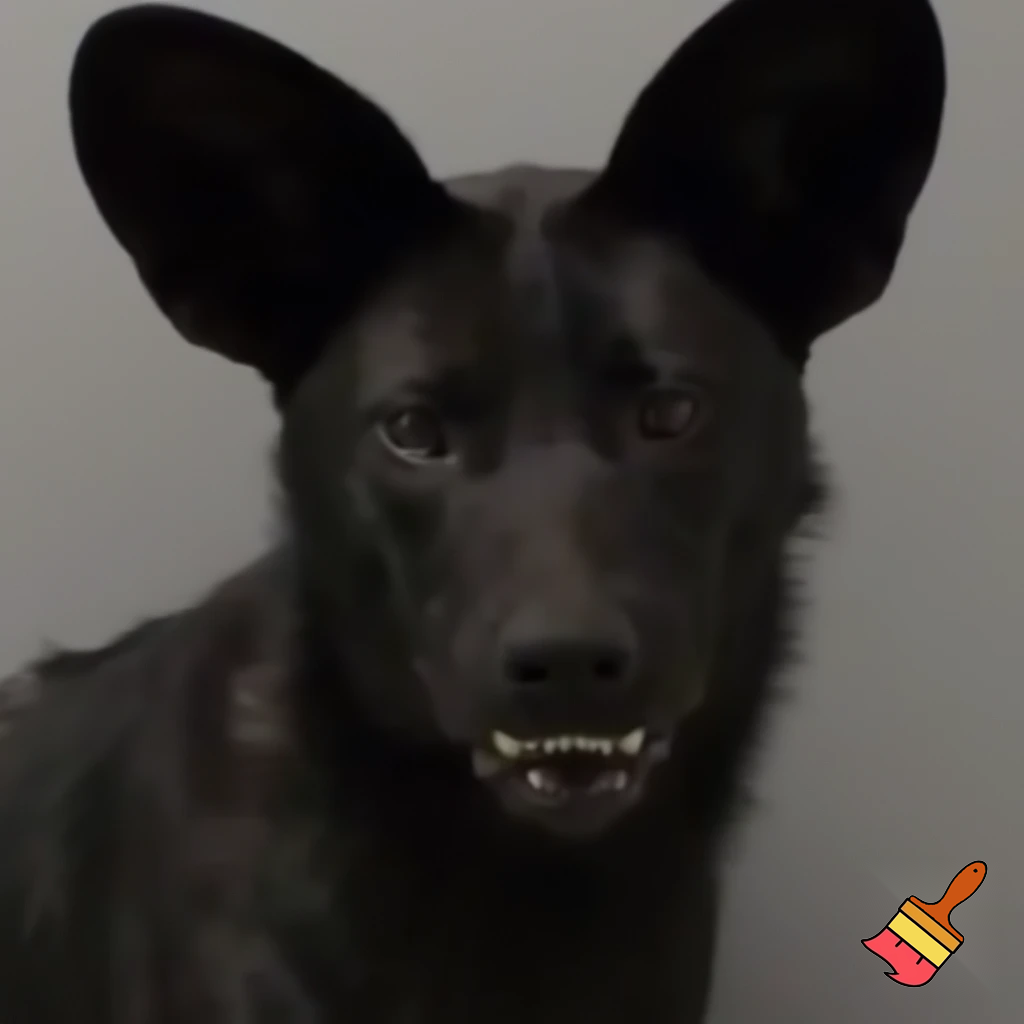 A black wild dog taking a mugshot looking DEADLY, sinister, angry and malicious