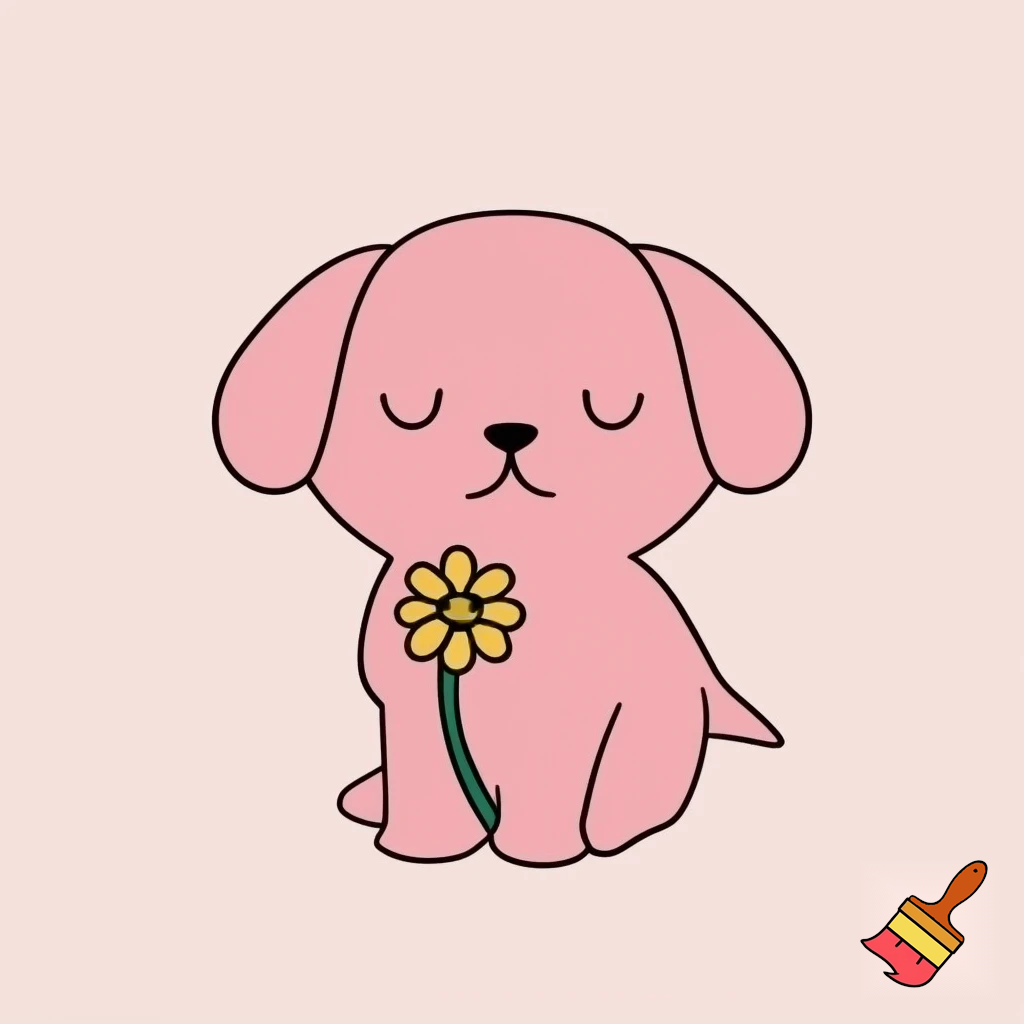 A minimalistic simple cute pink kawaii puppy holding a daisy flower, Japanese drawing style.