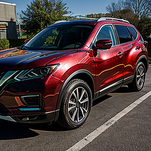 Ultra-realistic 2016 red Nissan Rogue SUV, front three-quarter view on bright sunny asphalt, glossy chrome rims with small engraved Hello Kitty face and bow details catching sunlight, large shiny Hello Kitty decal centered perfectly on the hood only—pink face, black whiskers, red bow, no decal on windshield, roof, sides, or anywhere else, clean vinyl wrap, sharp 8k car photography, natural bokeh, no cartoon, no distortion