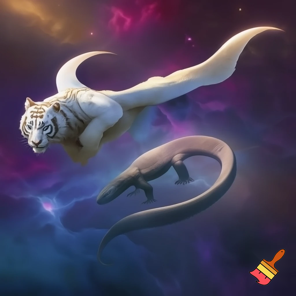 Half sting ray half komodo Dragon flying half white tiger