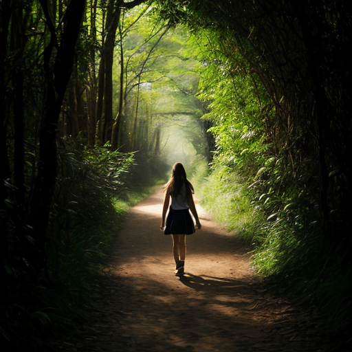 “Teen girl walking home through Amazon path, soft mystical glow behind her.”
