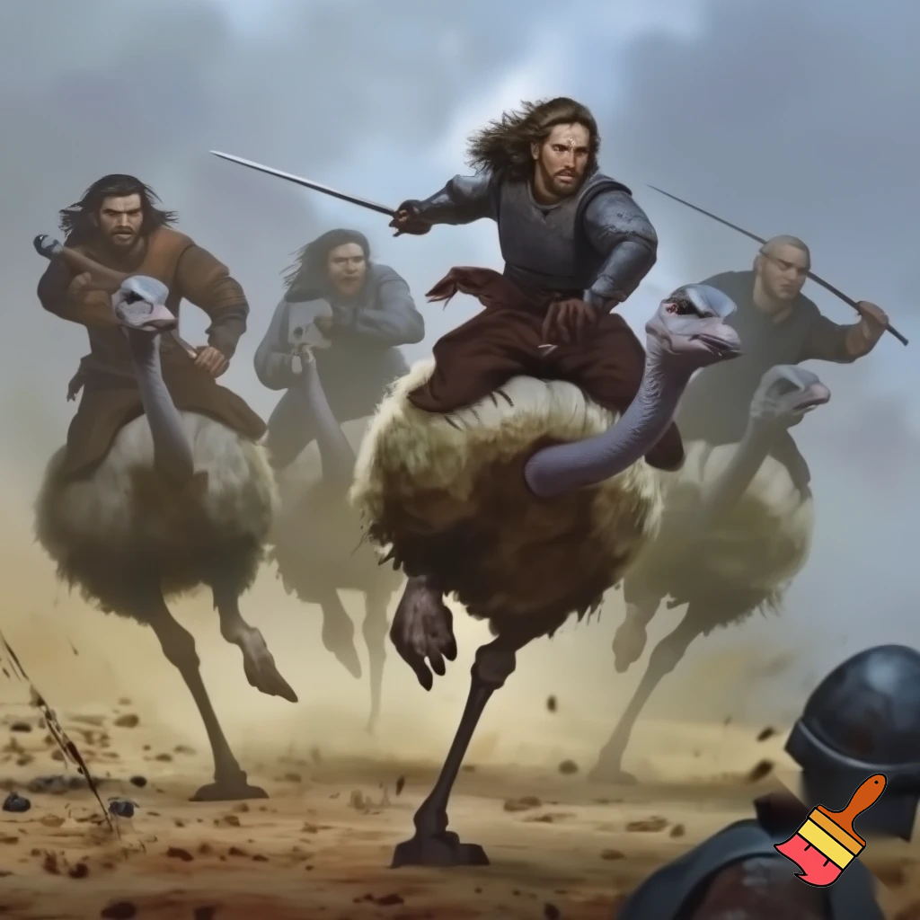 four men riding ostriches charging into battle with medieval weapons