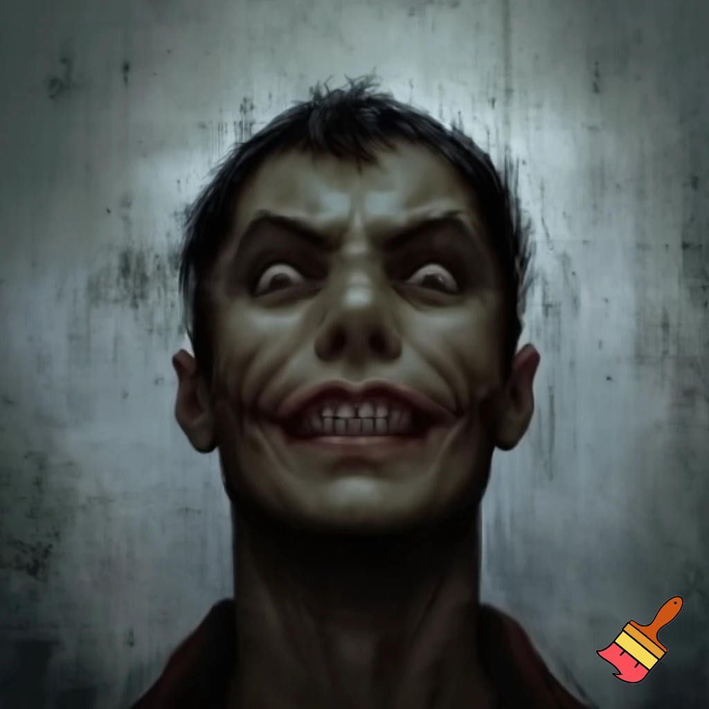 evil, sinister stare with a scary smirk mugshot backround scary look