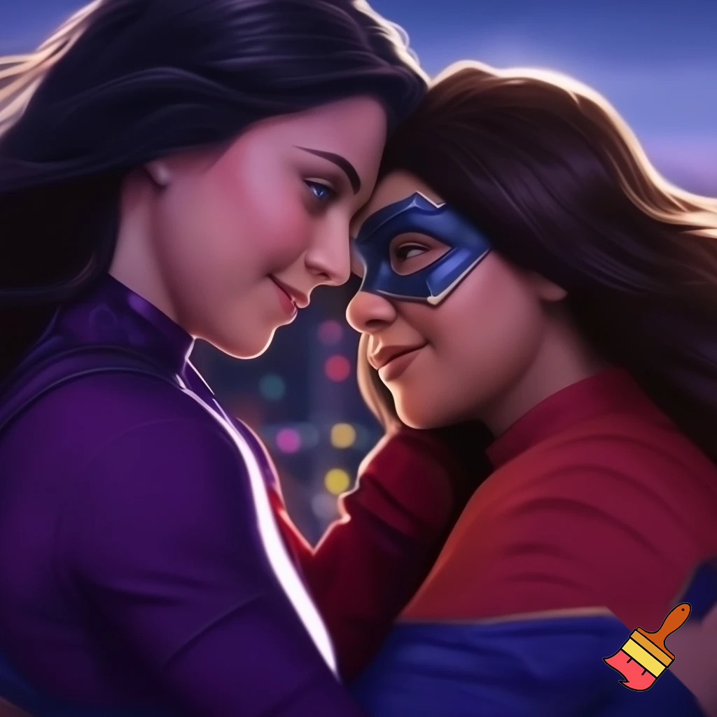 Kate Bishop  Hawkeye white skin dark hair blue eyes purple outfit kissing ms marvel Kamala khan brown skin dark brown hair dark eyes red blue outfit 