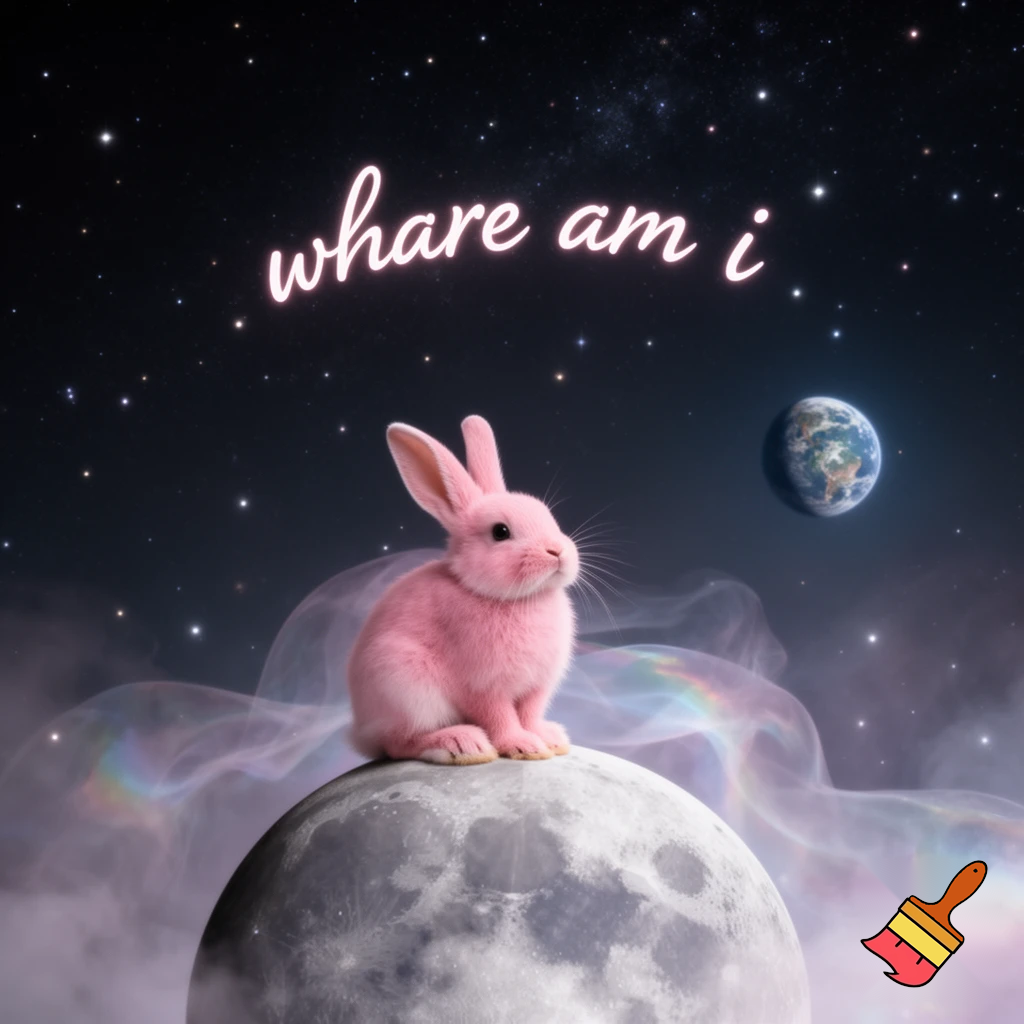 pink rabbit on the moon saying whare am i